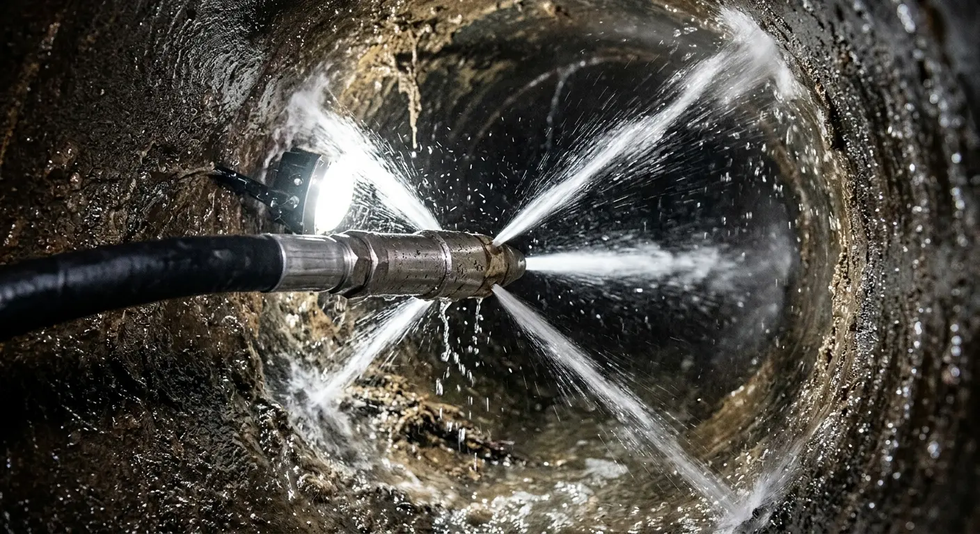 High-pressure hydro jetting nozzle cleaning sewer pipe for Trenchless Sewer Repair in Pasadena