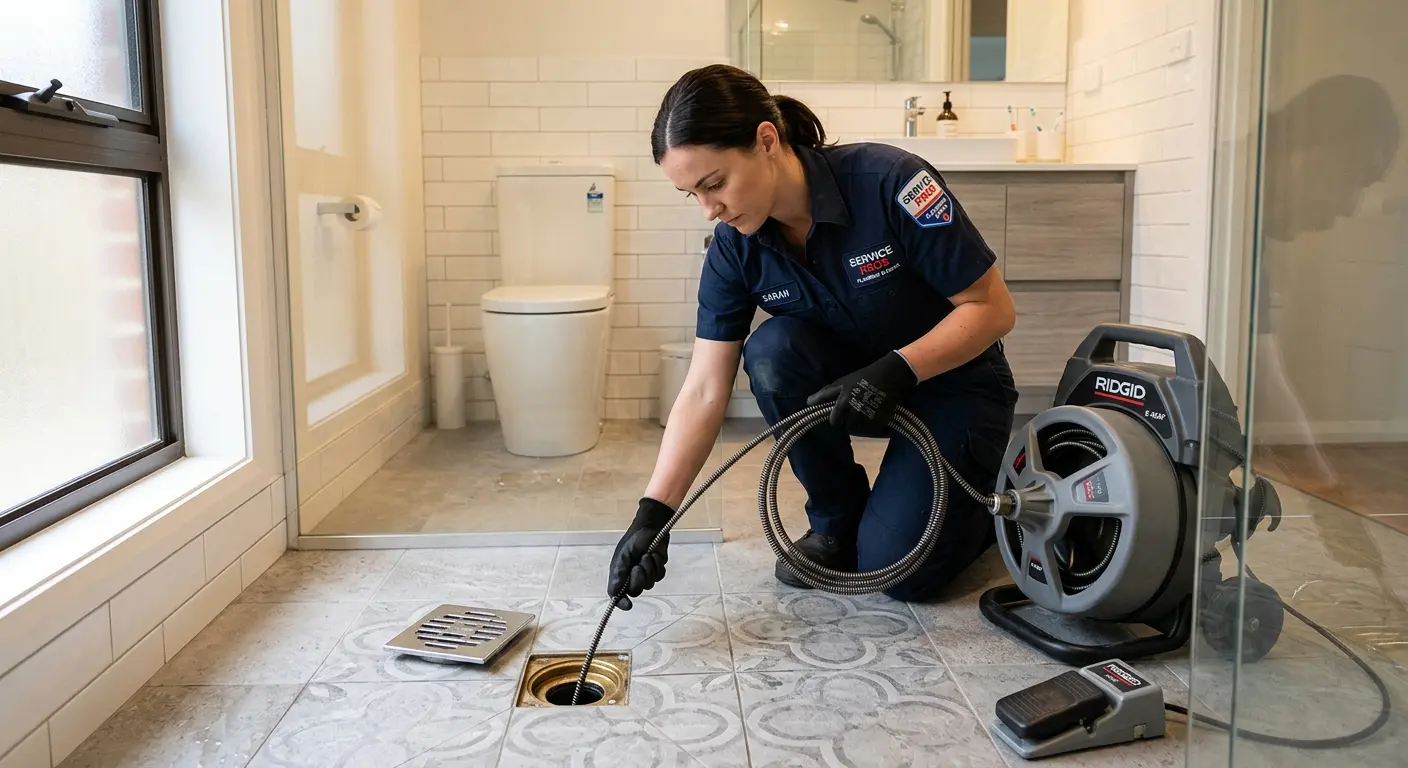 Technician clearing a bathroom floor drain for Drain Cleaning in Pasadena